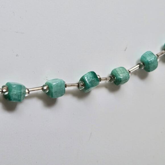 Glass Beaded Necklace with Square Sea Green Beads & White Glass Cut Beads - Picture 8 of 11